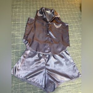 Mystique Intimates Purple Satin Pajama Set Small Lace Appliqué Matching set